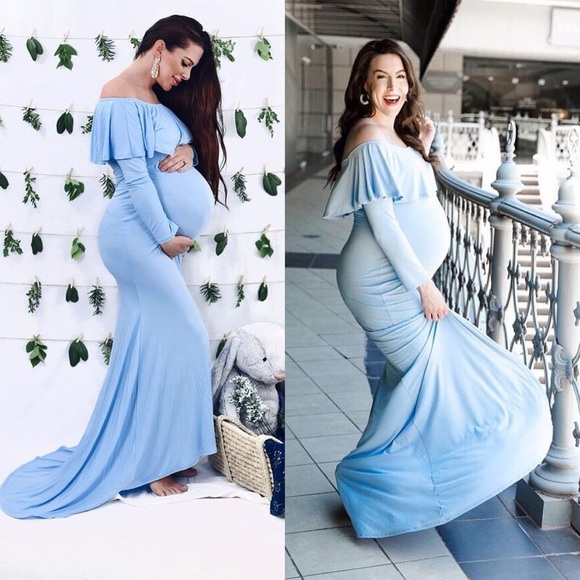 PinkBlush Light Blue Off Shoulder Ruffle Maternity Photoshoot Maxi Dress - Picture 14 of 14